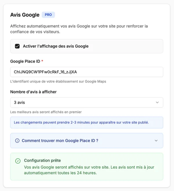 Section avis Google dans le tableau de bord Resto1.Click